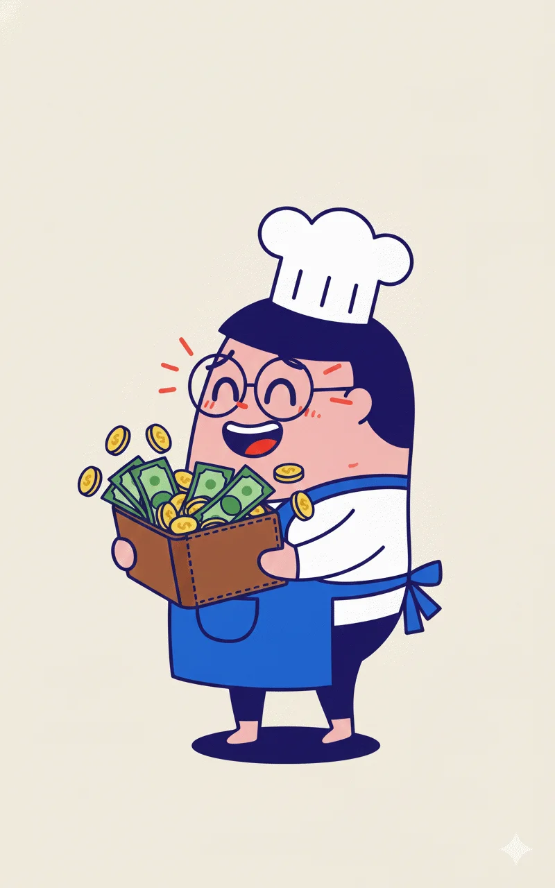 Happy potato character surrounded by money and savings from smart meal planning